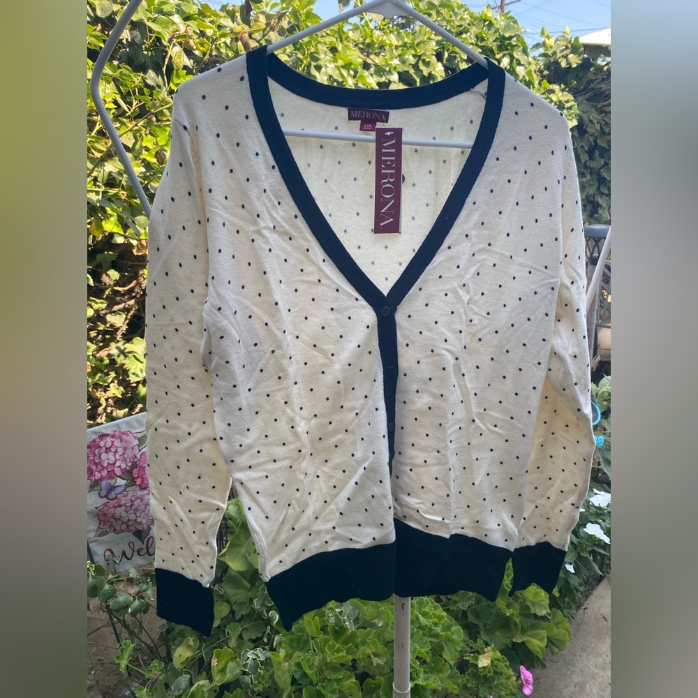 Merona Cream and Black Cardigan Sweater with Polka Dots